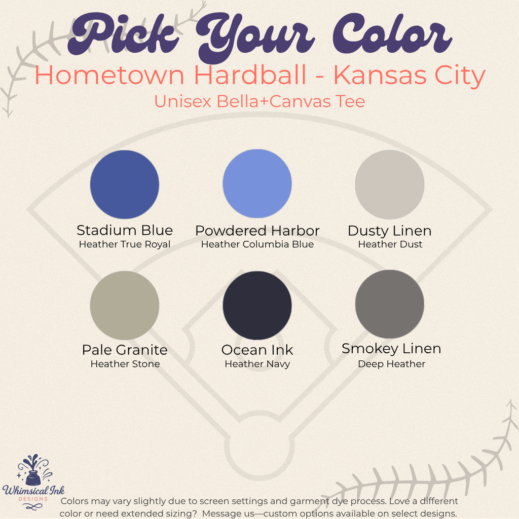 Color swatch chart for 'Hometown Hardball - Kansas City' Bella+Canvas tee with color options and descriptions.