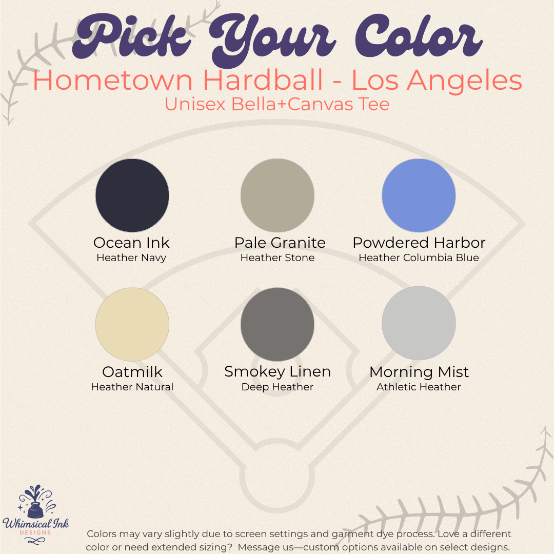Color swatch chart for Hometown Hardball Bella+Canvas Tee with color names and swatches.