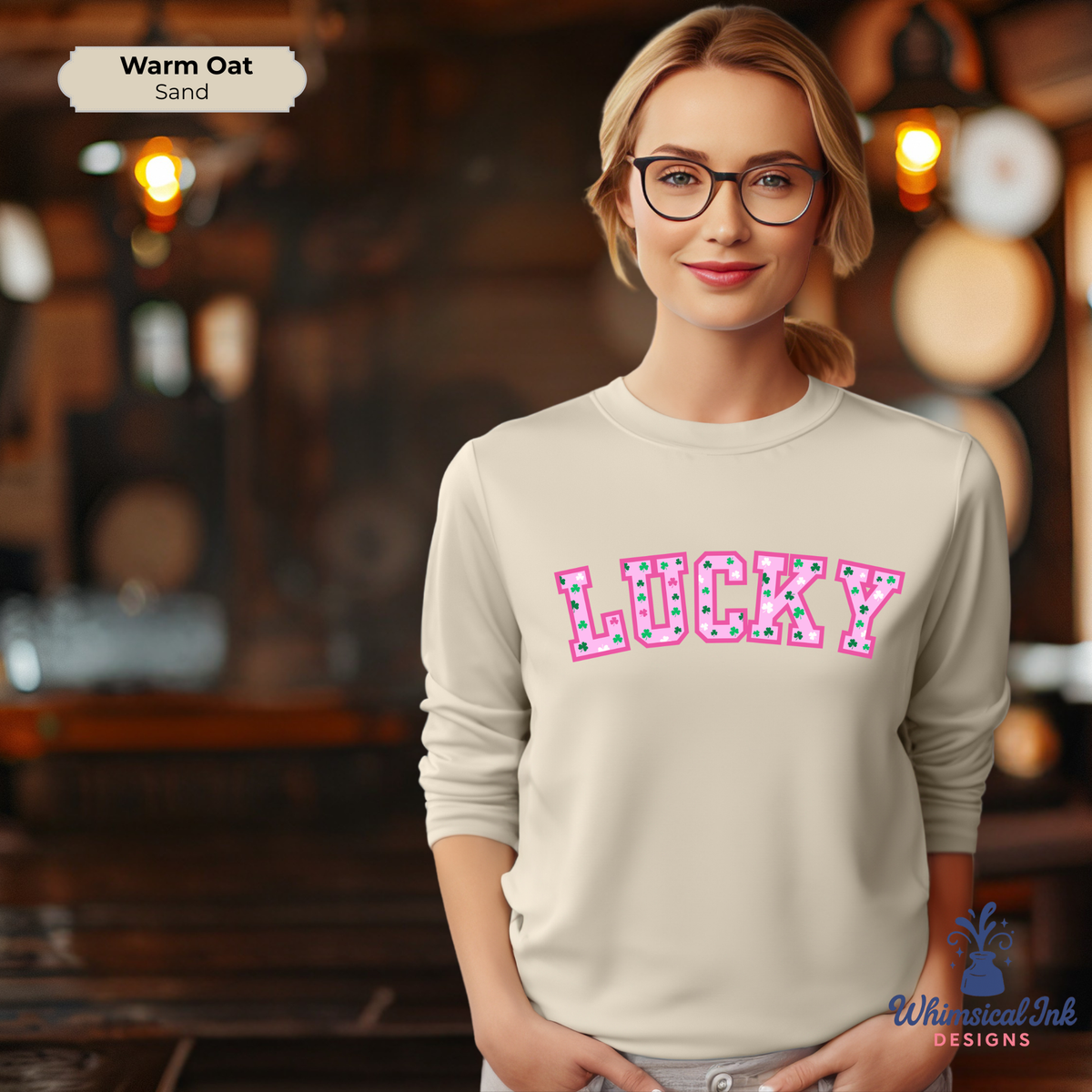 Lucky - Pink Varsity Style Crewneck Sweatshirt