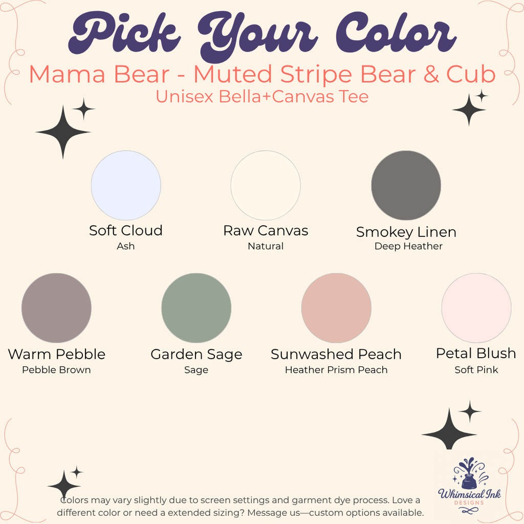 Color swatch chart for 'Mama Bear' and 'Cub' tees with various color options.
