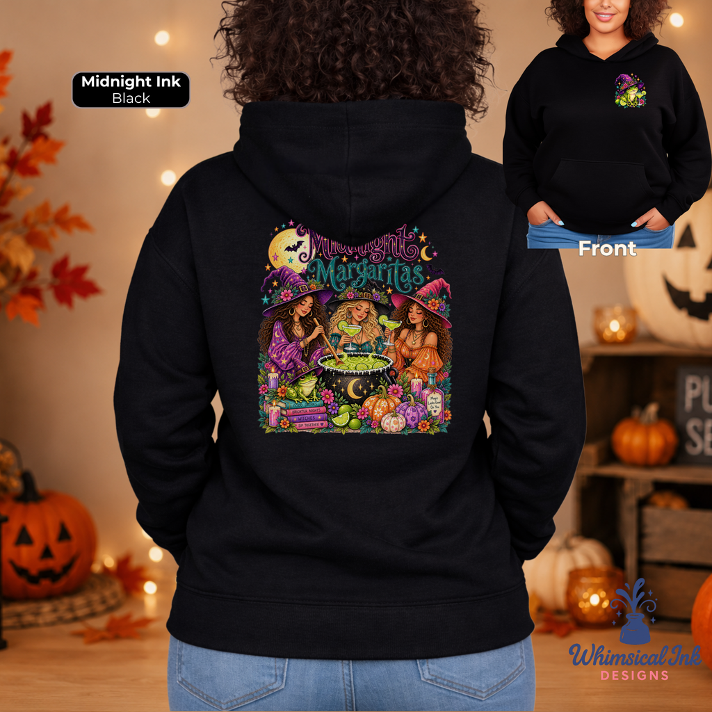 Midnight Margaritas Halloween Graphic Hoodie | Witchy Margarita Sweatshirt | Frog Witch Hooded Sweatshirt
