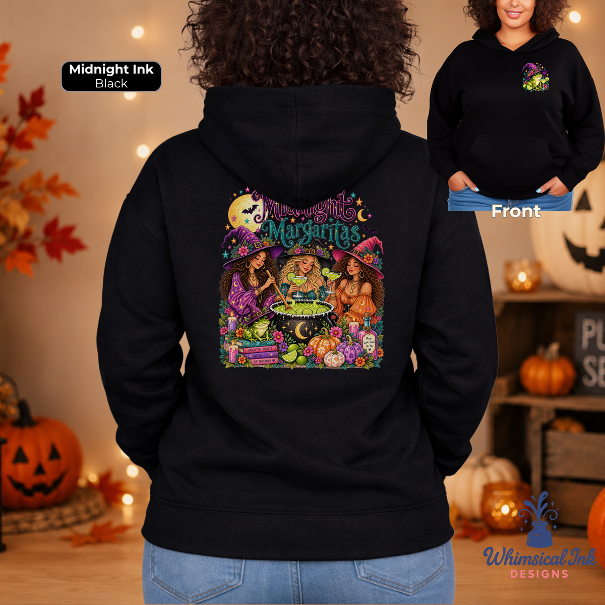 Midnight Margaritas Halloween Graphic Hoodie | Witchy Margarita Sweatshirt | Frog Witch Hooded Sweatshirt