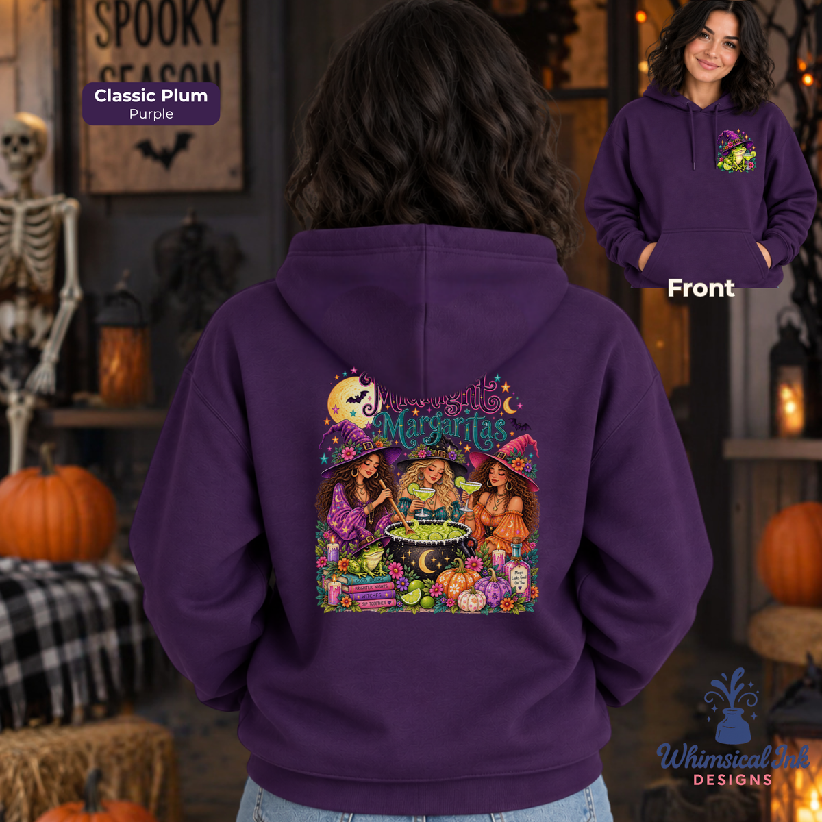 Midnight Margaritas Halloween Graphic Hoodie | Witchy Margarita Sweatshirt | Frog Witch Hooded Sweatshirt