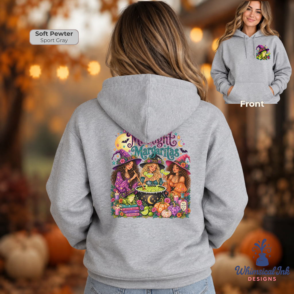 Midnight Margaritas Halloween Graphic Hoodie | Witchy Margarita Sweatshirt | Frog Witch Hooded Sweatshirt