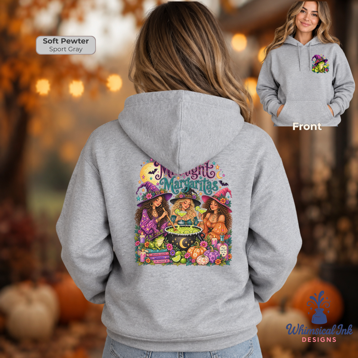 Midnight Margaritas Halloween Graphic Hoodie | Witchy Margarita Sweatshirt | Frog Witch Hooded Sweatshirt