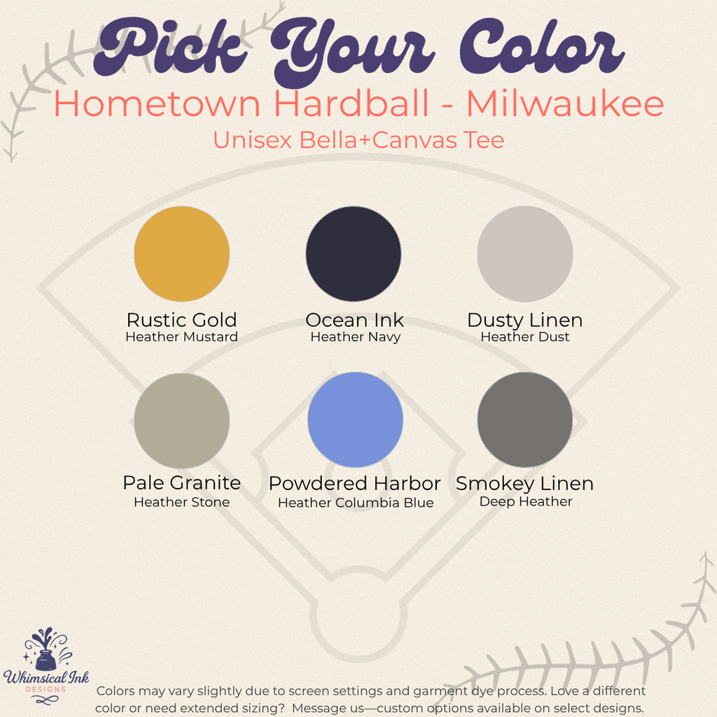 Color swatch chart for Hometown Hardball Milwaukee Bella+Canvas Tee with color names and swatches.