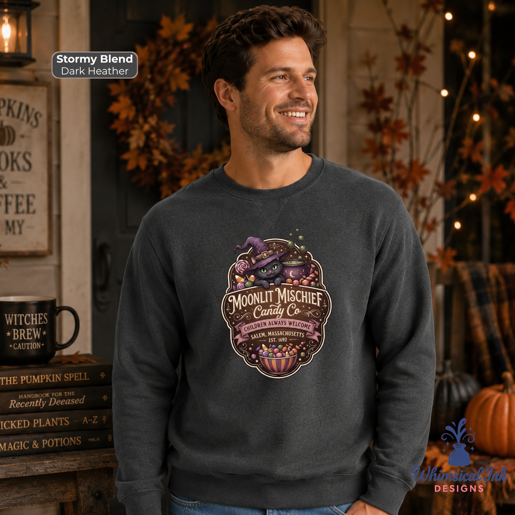 A man wearing a dark heather charcoal crewneck sweatshirt with a colorful graphic of a witch and candy corn. The background is a cozy, autumn-themed room with fall decorations, pumpkins, and warm lighting.