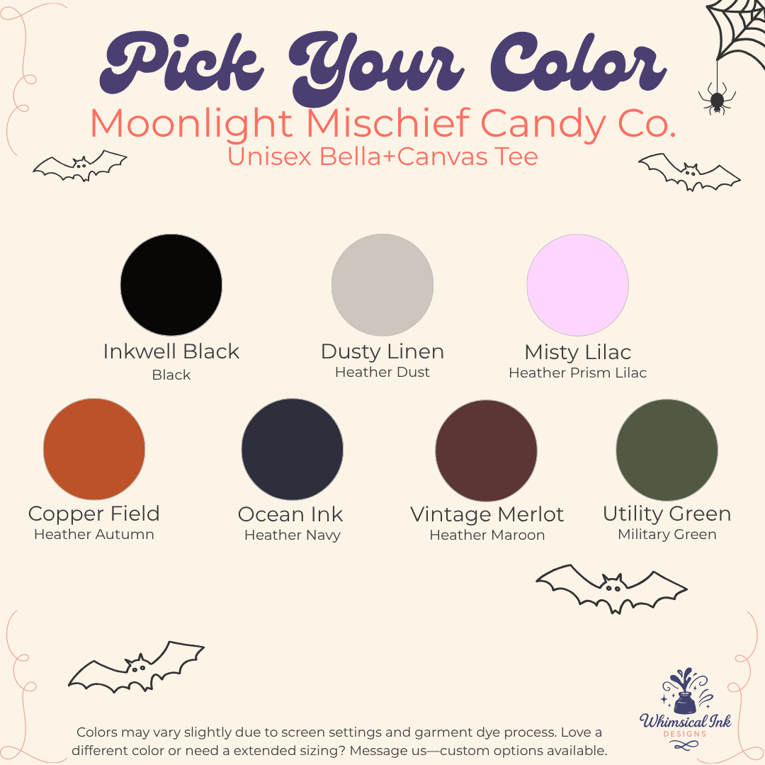 A color selection graphic for Moonlight Mischief Candy Co. unisex Bella and Canvas tees, showing eight circular color swatches with names and labels: Inkwell Black, Dusty Linen, Misty Lilac, Copper Field, Ocean Ink, Vintage Merlot, Utility Green, and Heather Dust.