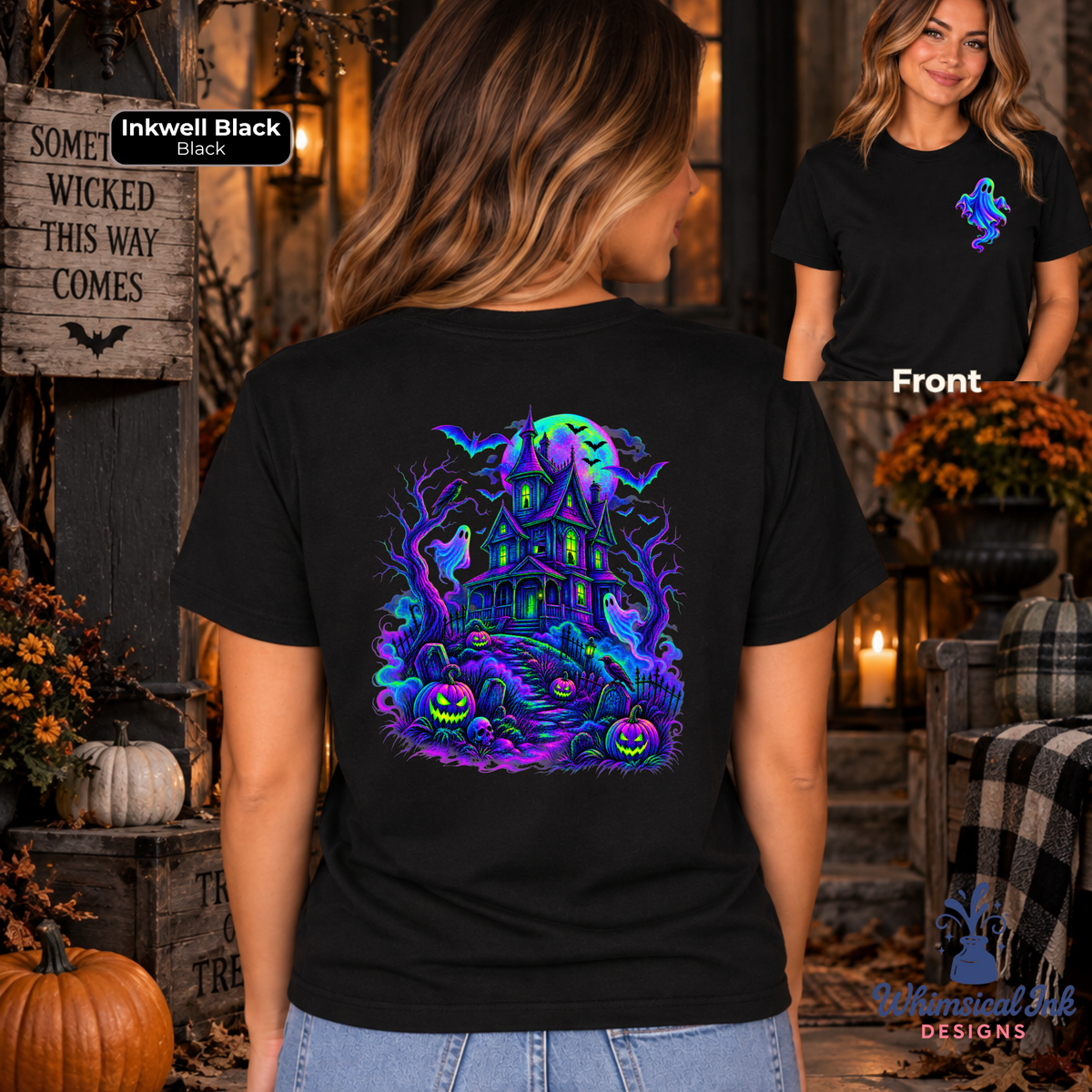 A woman wearing a black graphic t-shirt is shown from the back in a fall-themed rustic setting, with a smaller inset showing the front view of the shirt. The shirt features a vibrant, glowing neon-style illustration of a haunted house, bats, ghosts, and pumpkins in shades of purple, blue, and green.