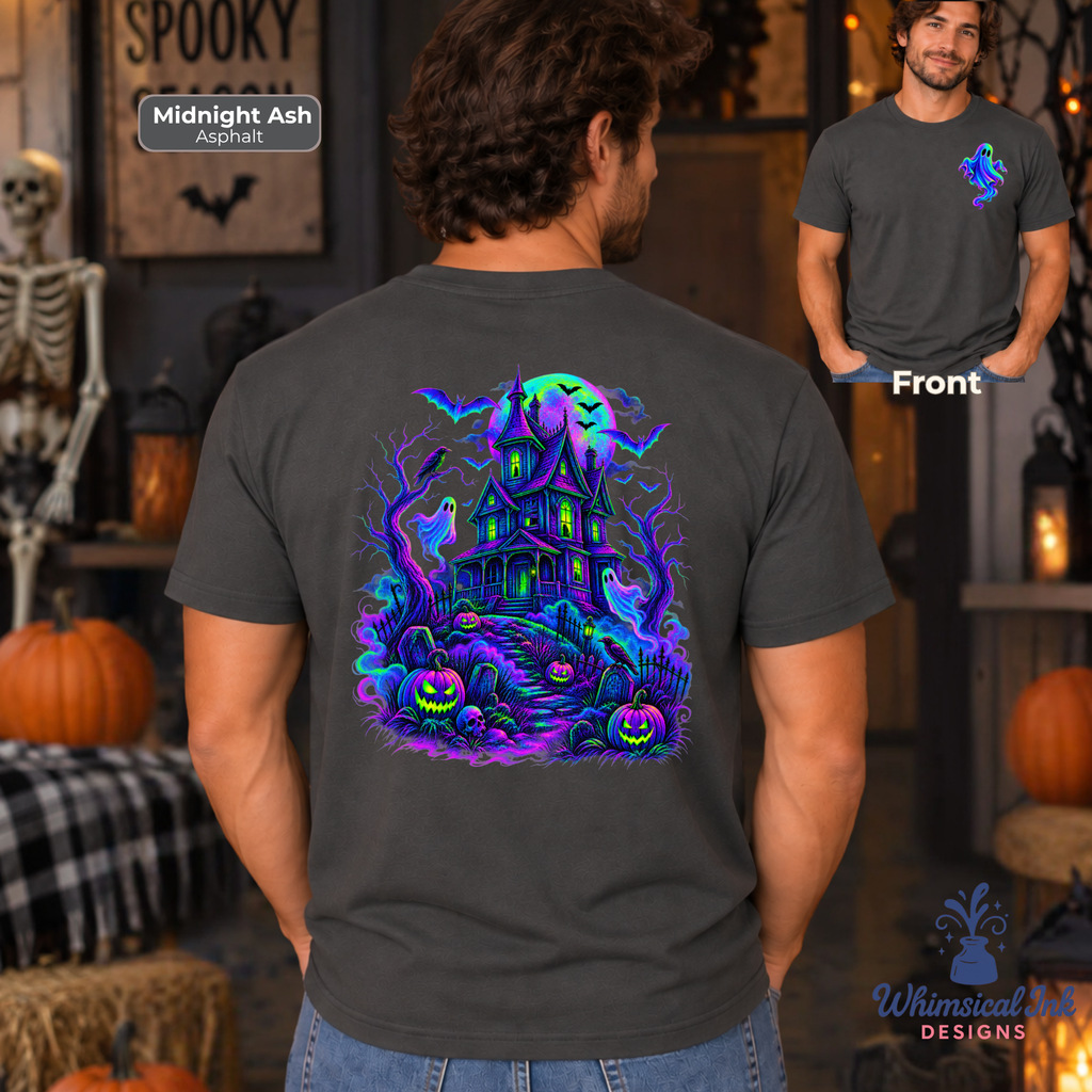 A man wearing a dark charcoal gray t-shirt with a large, vibrant neon-style Halloween graphic on the back, shown in a spooky, decorated room with pumpkins and a skeleton. A smaller inset image in the top right shows the front of the shirt with a small matching graphic.