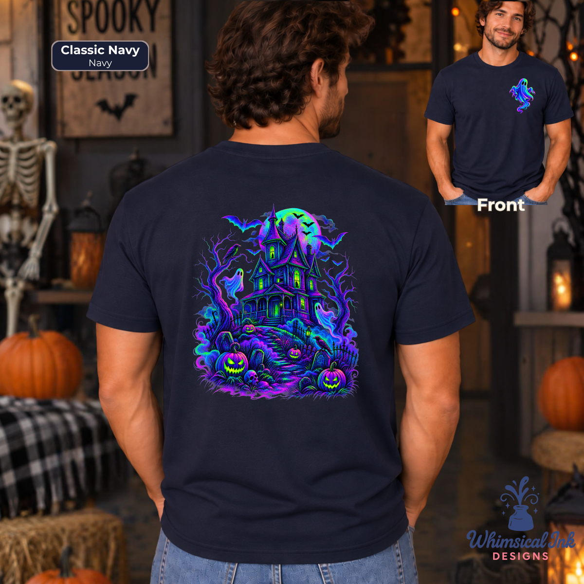 A man wearing a navy blue t-shirt is shown from the back, featuring a large, vibrant, neon-style Halloween graphic of a haunted house, ghosts, bats, and pumpkins in purple, green, and blue. A smaller inset image in the top right shows the front view of the shirt with a small matching graphic.