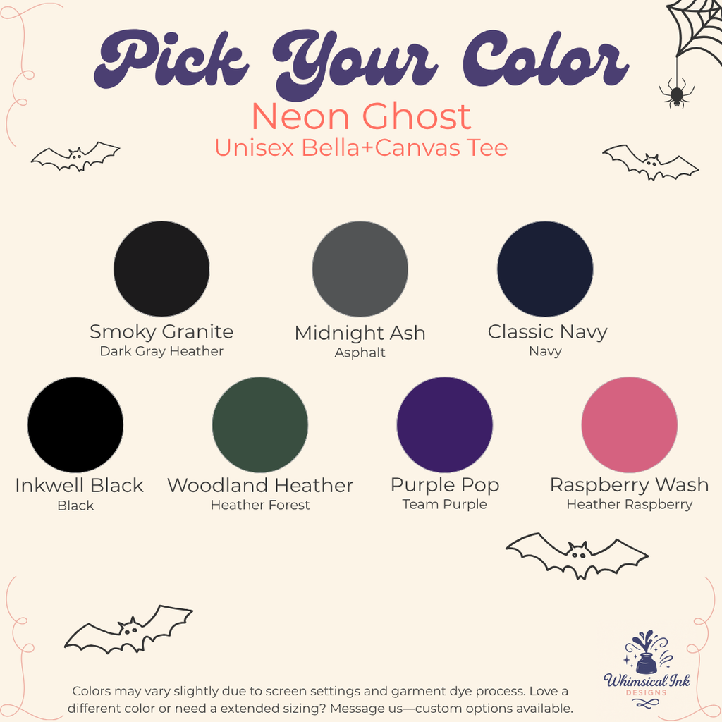 A color selection graphic for the Unisex Bella+Canvas Tee Neon Ghost shirt by Whimsical Ink. The graphic features eight circular color swatches labeled with names like Smoky Granite, Midnight Ash, Classic Navy, Inkwell Black, Woodland Heather, Purple Pop, and Raspberry Wash, on a cream-colored background with cute spider and bat illustrations.