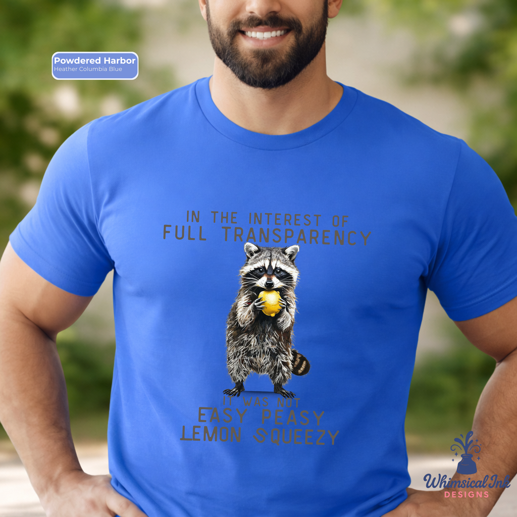 Person wearing a blue t-shirt with a raccoon graphic and humorous text.