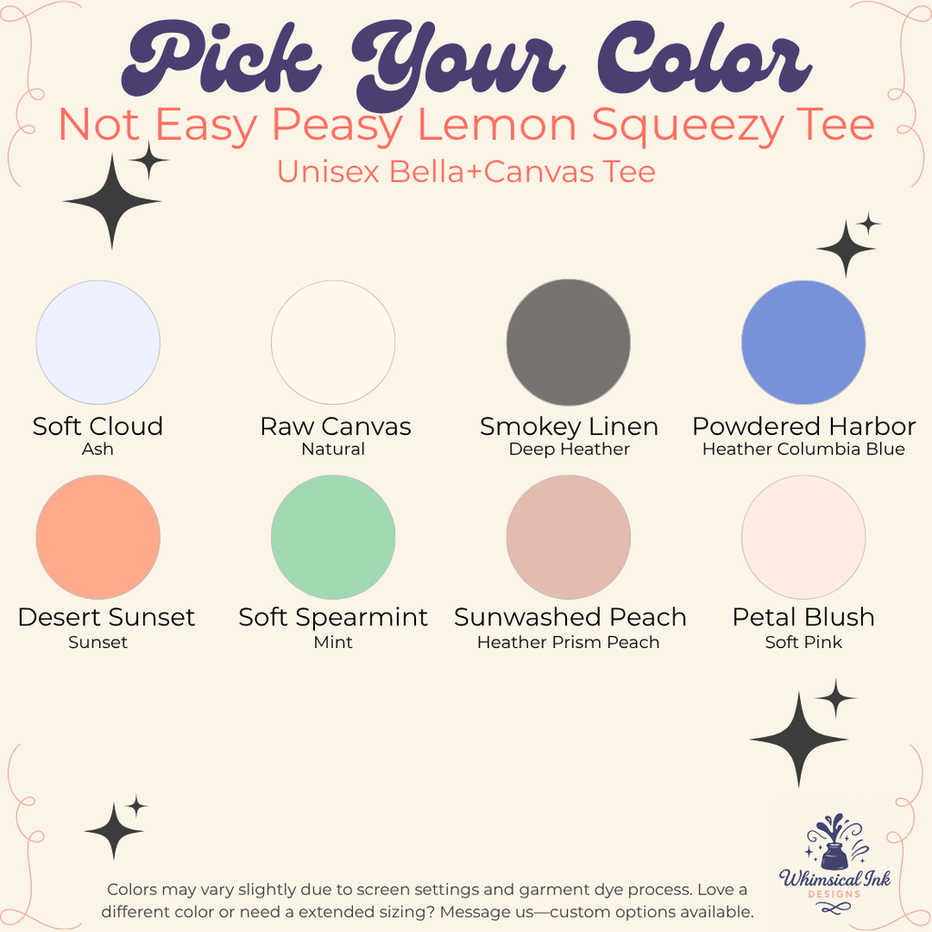 Color swatch chart for a t-shirt with various color options and Whimsical Ink logo.