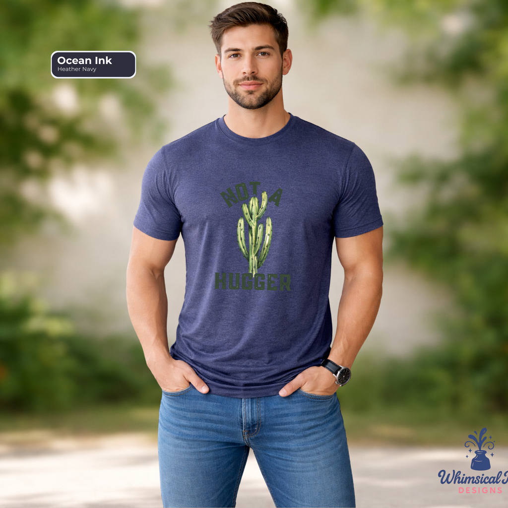 Man wearing a blue t-shirt with a cactus graphic and text, standing outdoors.