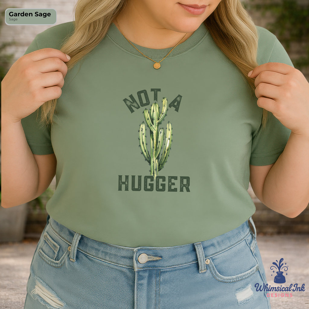 Person wearing a green t-shirt with a cactus graphic and text, standing outdoors.