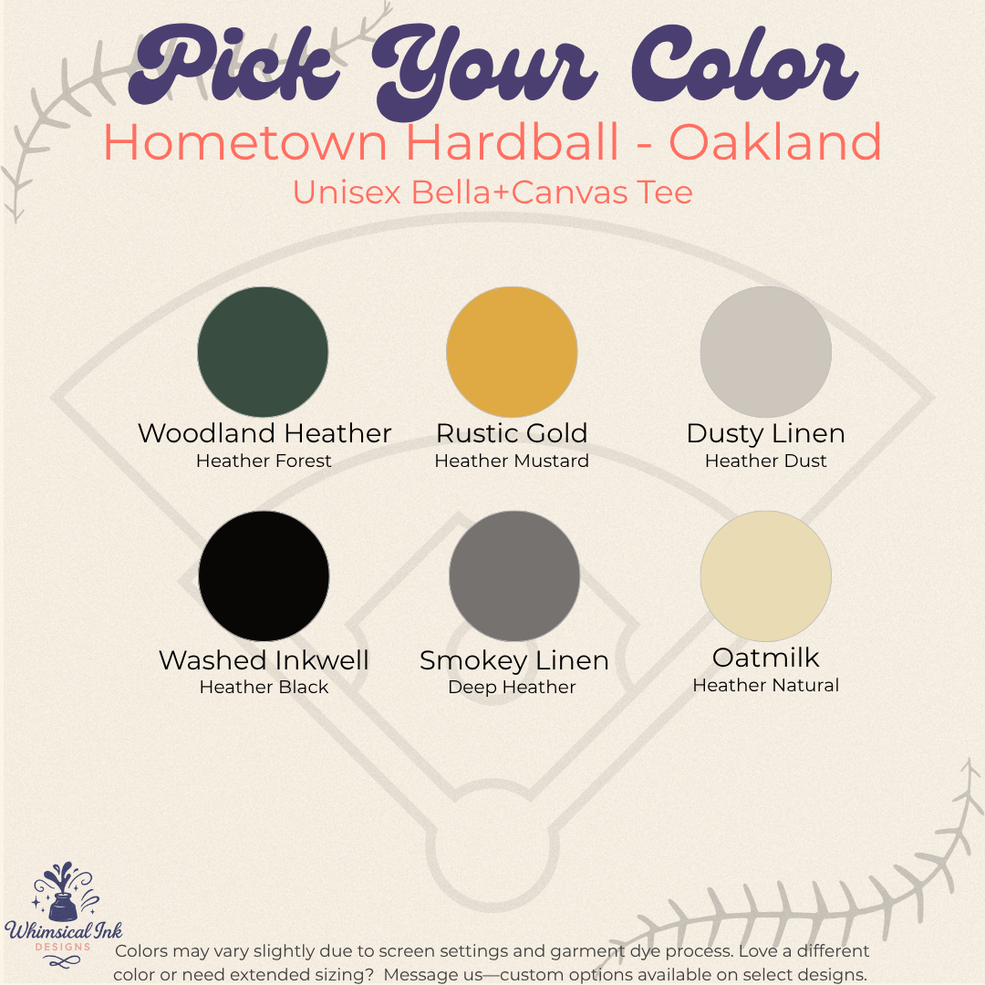 Color swatch chart for Hometown Hardball - Oakland Bella+Canvas Tee with color options and descriptions.