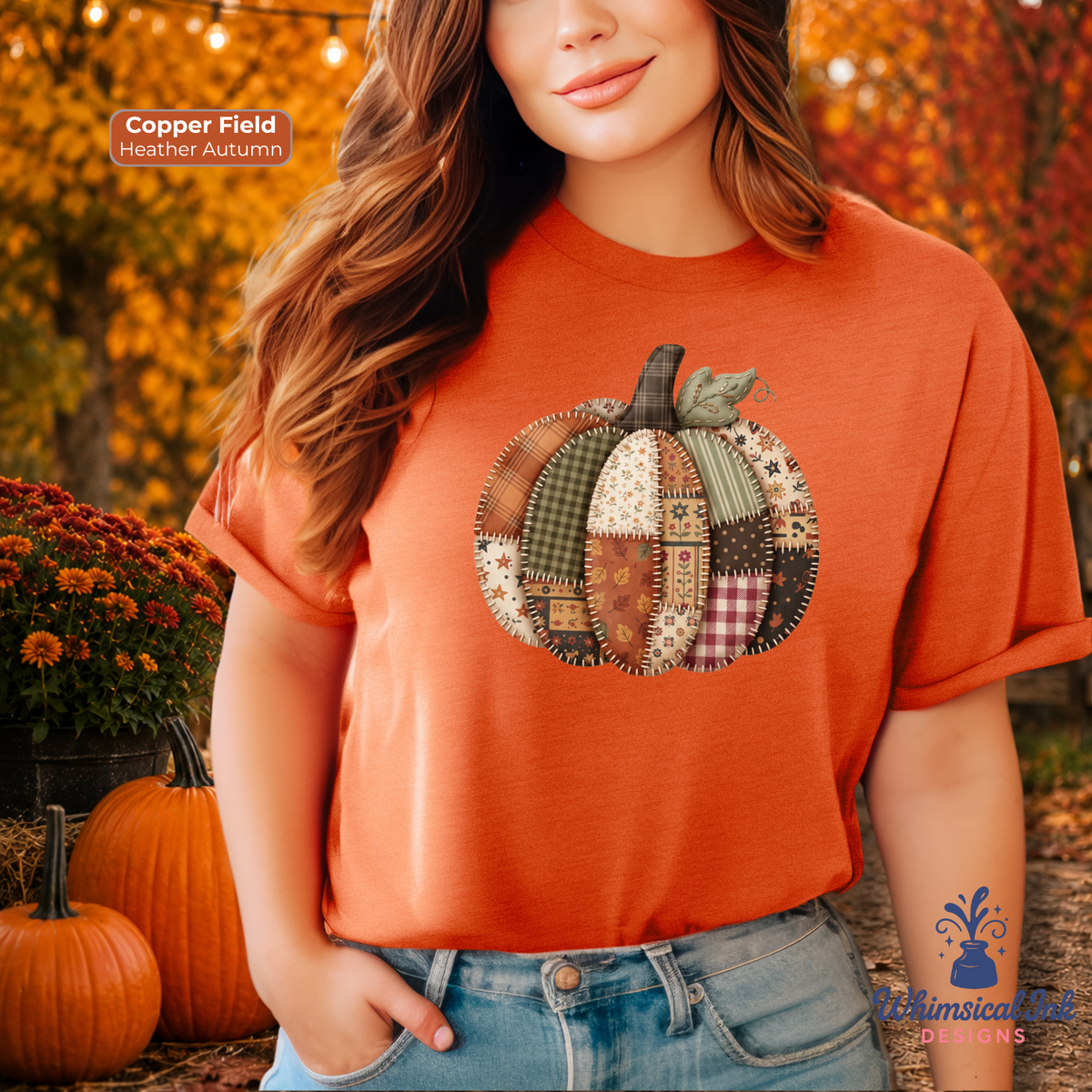 A woman wearing a copper-orange heather t-shirt with a patchwork pumpkin graphic, posed outdoors in an autumn setting with pumpkins and fall foliage. The text 'Copper Field Heather Autumn' is visible in the top left, and a 'Whimsical Ink Designs' logo is in the bottom right.