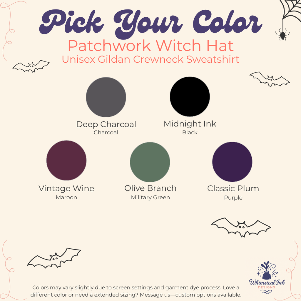 A color selection graphic for a Patchwork Witch Hat sweatshirt. The image features six circular color swatches labeled Deep Charcoal, Midnight Ink, Vintage Wine Maroon, Olive Branch Military Green, and Classic Plum Purple, with corresponding text labels on a cream-colored background decorated with Halloween-themed line drawings.