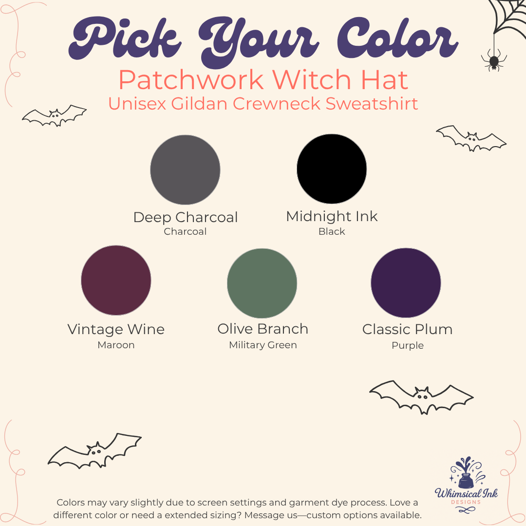 A color selection graphic for a Patchwork Witch Hat sweatshirt. The image features six circular color swatches labeled Deep Charcoal, Midnight Ink, Vintage Wine Maroon, Olive Branch Military Green, and Classic Plum Purple, with corresponding text labels on a cream-colored background decorated with Halloween-themed line drawings.
