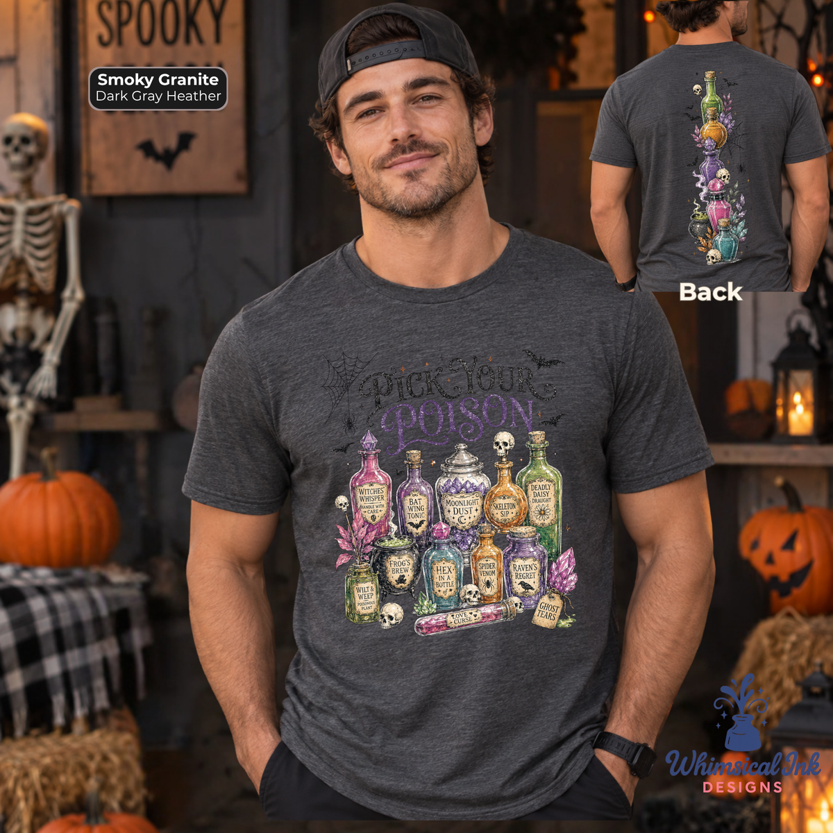 A man wearing a dark gray heather t-shirt with a colorful 'Luck and Poison' potion graphic, shown in a Halloween-themed room with a back view inset of the shirt.