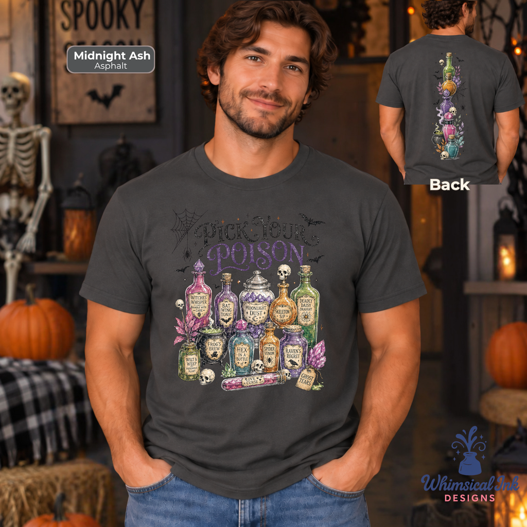 A man wearing a dark charcoal gray graphic t-shirt with 'Midnight Ash Asphalt' text and a colorful potion bottle design on the front, with a smaller inset showing the back of the shirt. The background is a Halloween-themed room with pumpkins and a skeleton.
