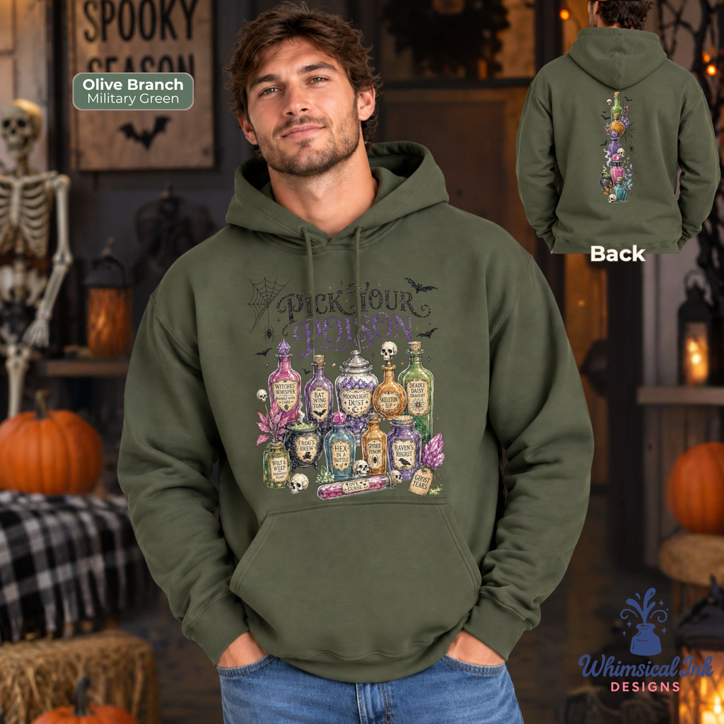 A man wearing an olive branch military green hoodie with a 'Back Your Poison' graphic on the front, shown in a Halloween-themed room. A smaller inset shows the back of the hoodie with a vertical poison bottle graphic.