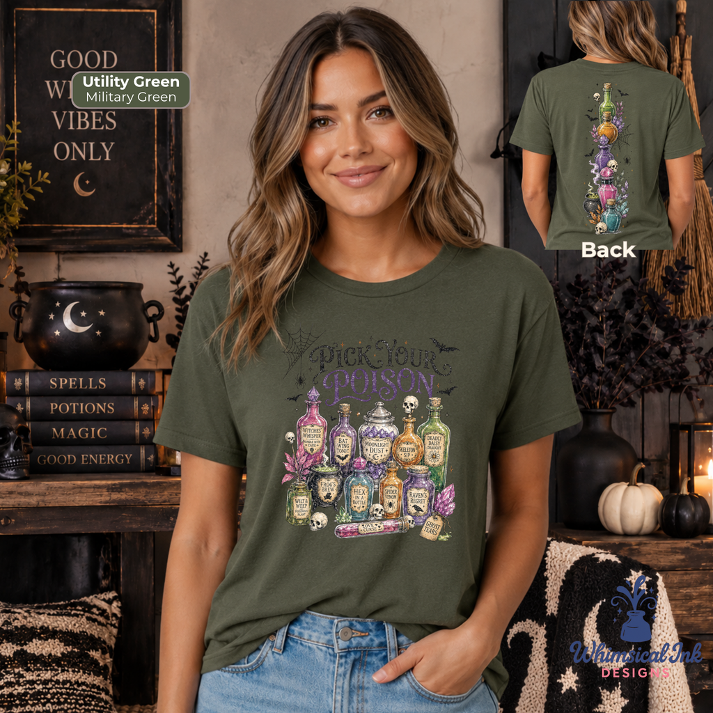 A woman models an olive green graphic t-shirt with a 'Pick Your Poison' potion bottle design, shown in a cozy, dark-themed room. An inset in the top right shows the back of the t-shirt with a colorful witch hat and cauldron graphic.