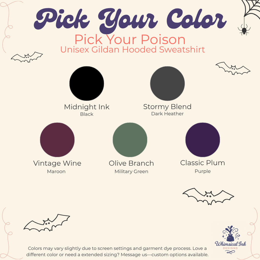 A color selection graphic for a unisex Gildan hooded sweatshirt titled 'Pick Your Color' with six circular swatches labeled Midnight Ink Black, Stormy Blend Dark Heather, Vintage Wine Maroon, Olive Branch Military Green, and Classic Plum Purple, plus bat illustrations.