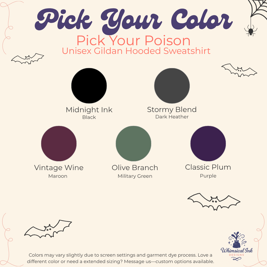 A color selection graphic for a unisex Gildan hooded sweatshirt titled 'Pick Your Color' with six circular swatches labeled Midnight Ink Black, Stormy Blend Dark Heather, Vintage Wine Maroon, Olive Branch Military Green, and Classic Plum Purple, plus bat illustrations.