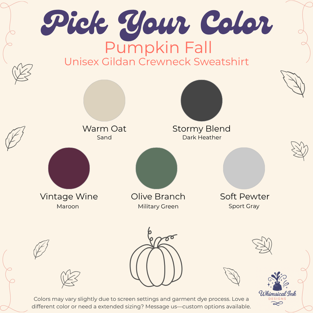 A color selection graphic for a cozy season fall unisex gildan crewneck sweatshirt. The graphic features six color options: Warm Oat (Sand), Stormy Blend (Dark Heather), Vintage Wine (Maroon), Olive Branch (Military Green), and Soft Pewter (Sport Gray), displayed as circular color swatches with labels on a cream background with decorative leaf and pumpkin illustrations.