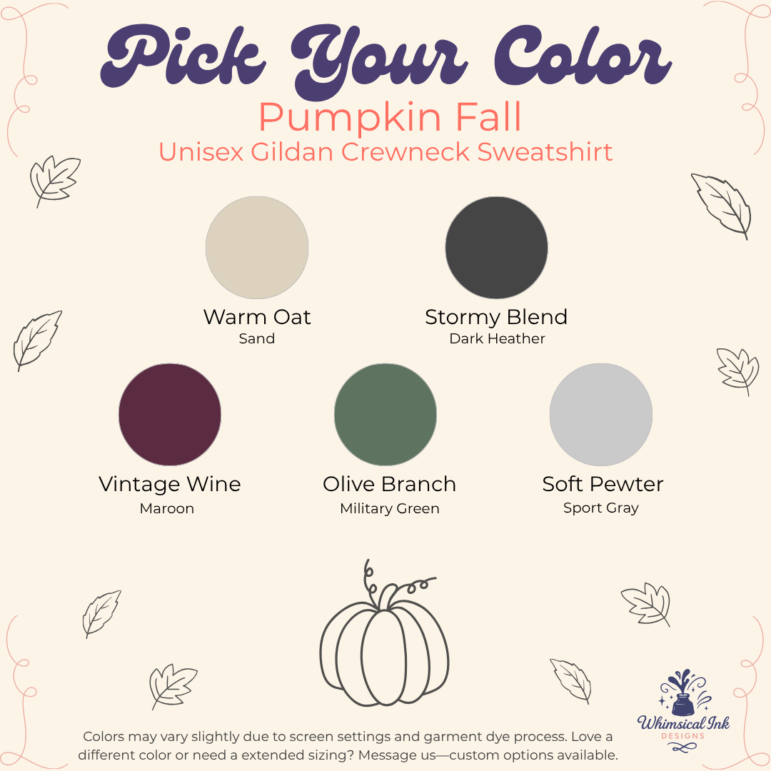 A color selection graphic for a cozy season fall unisex gildan crewneck sweatshirt. The graphic features six color options: Warm Oat (Sand), Stormy Blend (Dark Heather), Vintage Wine (Maroon), Olive Branch (Military Green), and Soft Pewter (Sport Gray), displayed as circular color swatches with labels on a cream background with decorative leaf and pumpkin illustrations.