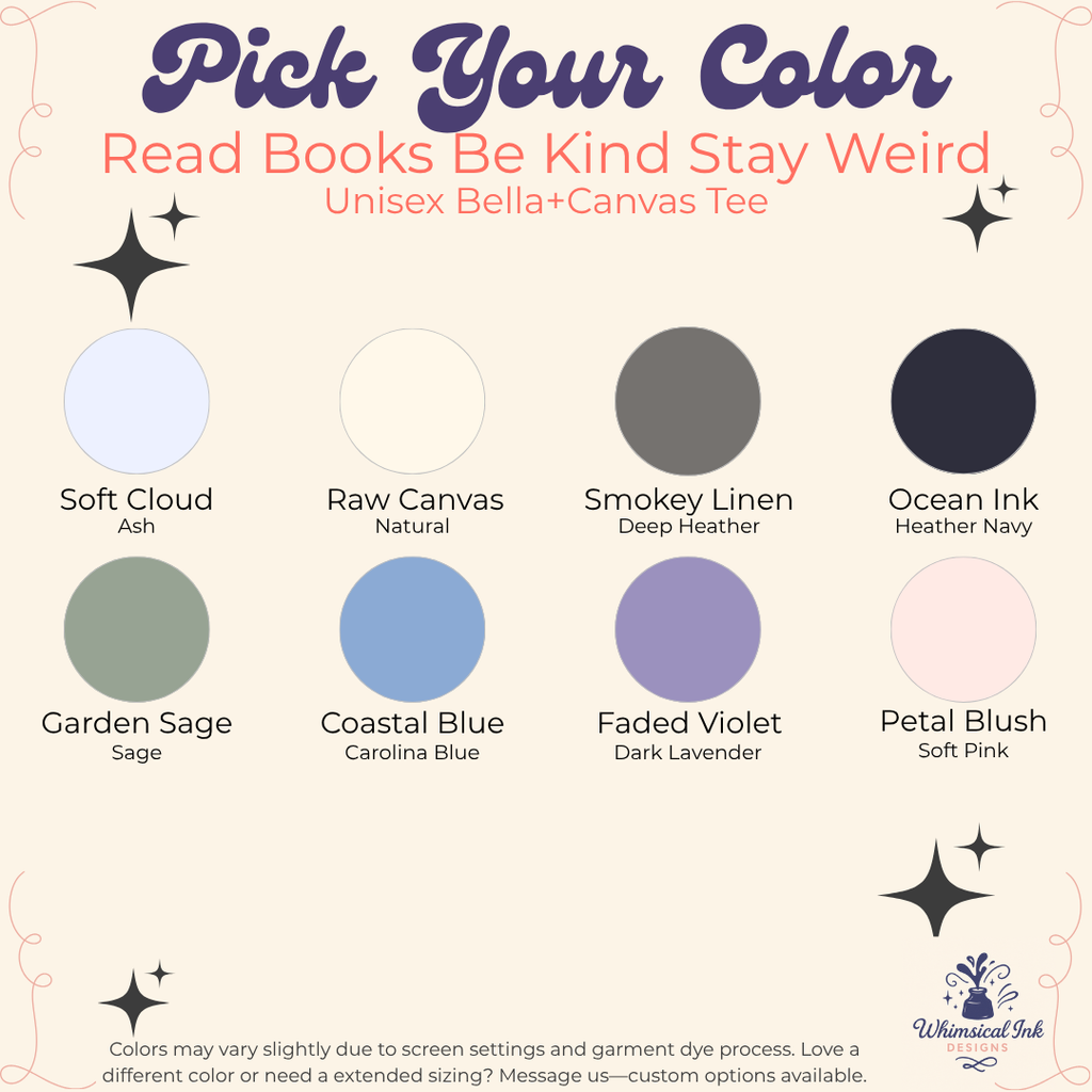 Color swatch chart for a Bella+Canvas tee with various color options.