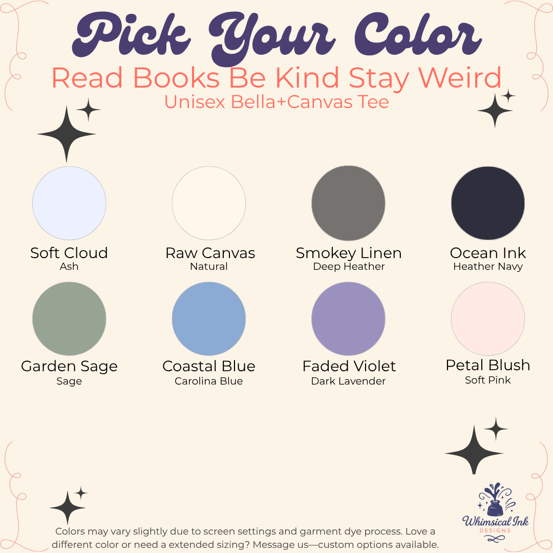 Color swatch chart for a Bella+Canvas tee with various color options.