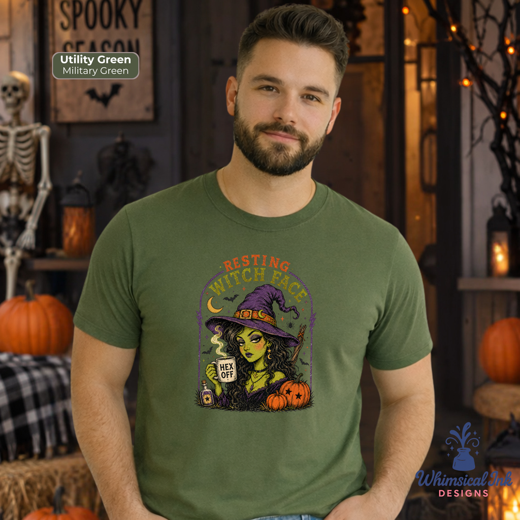 A man wearing a military green graphic t-shirt with a 'Resting Witch Face' Halloween design, set against a spooky Halloween-themed background with pumpkins and a skeleton.