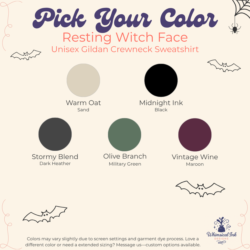 A color selection graphic for a Spooky Movie Club unisex gildan crewneck sweatshirt. The graphic features six circular color swatches labeled Warm Oat (Beige), Midnight Ink (Black), Stormy Blend (Dark Gray), Olive Branch (Green), and Vintage Wine (Purple), with text explaining that colors may vary slightly due to screen settings.