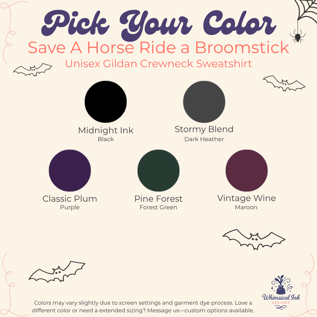 A color selection graphic for a unisex Gildan crewneck sweatshirt. The graphic features six circular color swatches labeled Midnight Ink (Black), Stormy Blend (Dark Heather), Classic Plum (Purple), Pine Forest (Forest Green), and Vintage Wine (Maroon), with text explaining that colors may vary slightly due to screen settings and garment dye process.