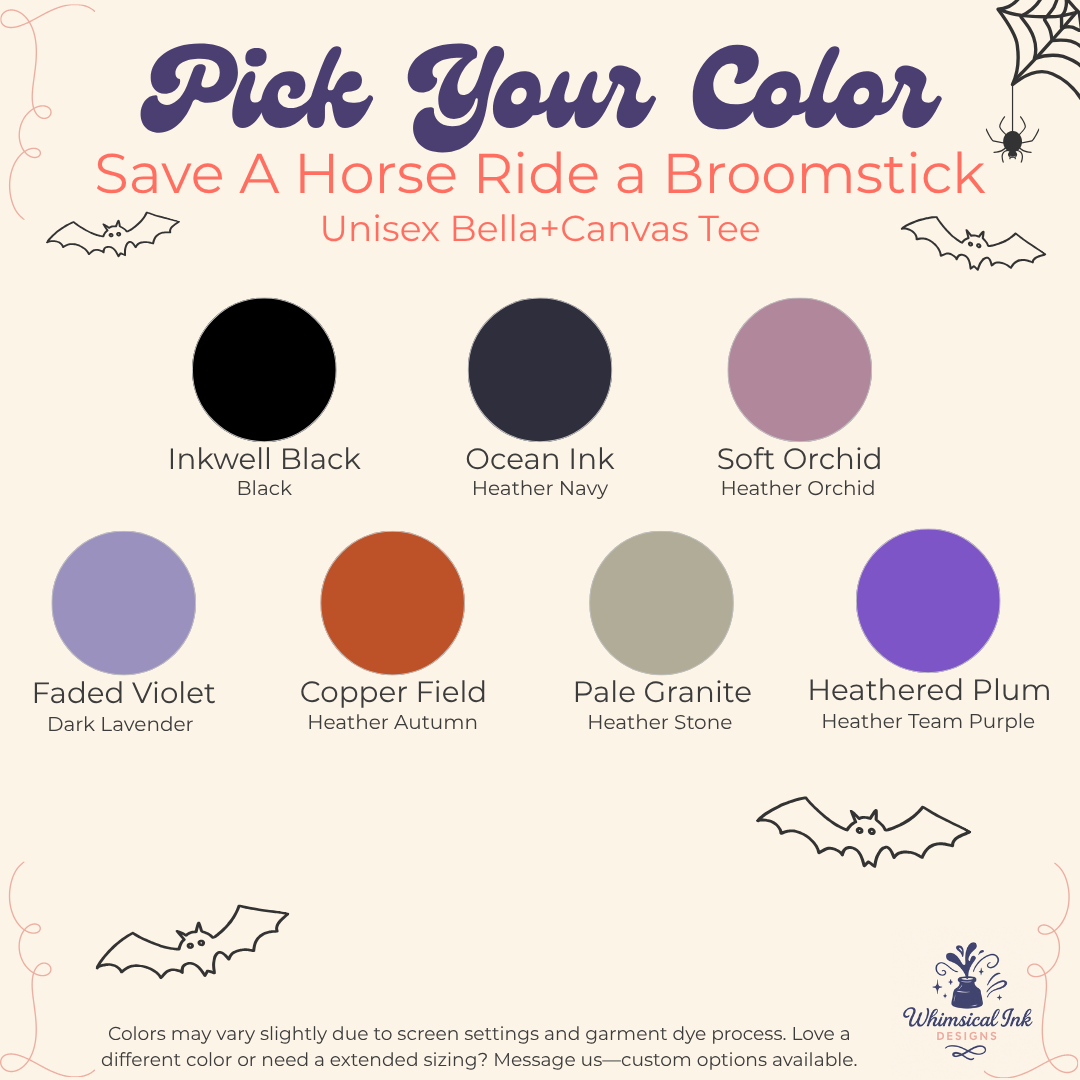 A color selection graphic for a unisex Bella+Canvas tee from Whimsical Ink, titled 'Pick Your Color'. It features eight circular color swatches with names and labels including Inkwell Black, Ocean Ink Heather Navy, Soft Orchid Heather Orchid, Faded Violet Dark Lavender, Copper Field Heather Autumn, Pale Granite Heather Stone, and Heather Plum Heather Team Purple, set against a cream background with decorative bats and spider illustrations.