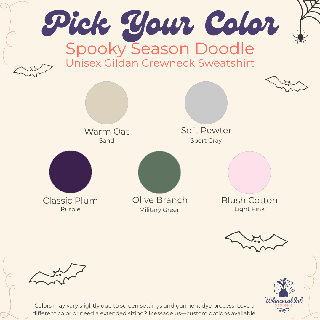A color selection graphic for a Spooky Season Doodle unisex Gildan crewneck sweatshirt. The graphic features six circular color swatches labeled Warm Oat (sand), Soft Pewter (sport gray), Classic Plum (purple), Olive Branch (military green), and Blush Cotton (light pink), with corresponding text labels on a cream background with Halloween-themed doodle illustrations.