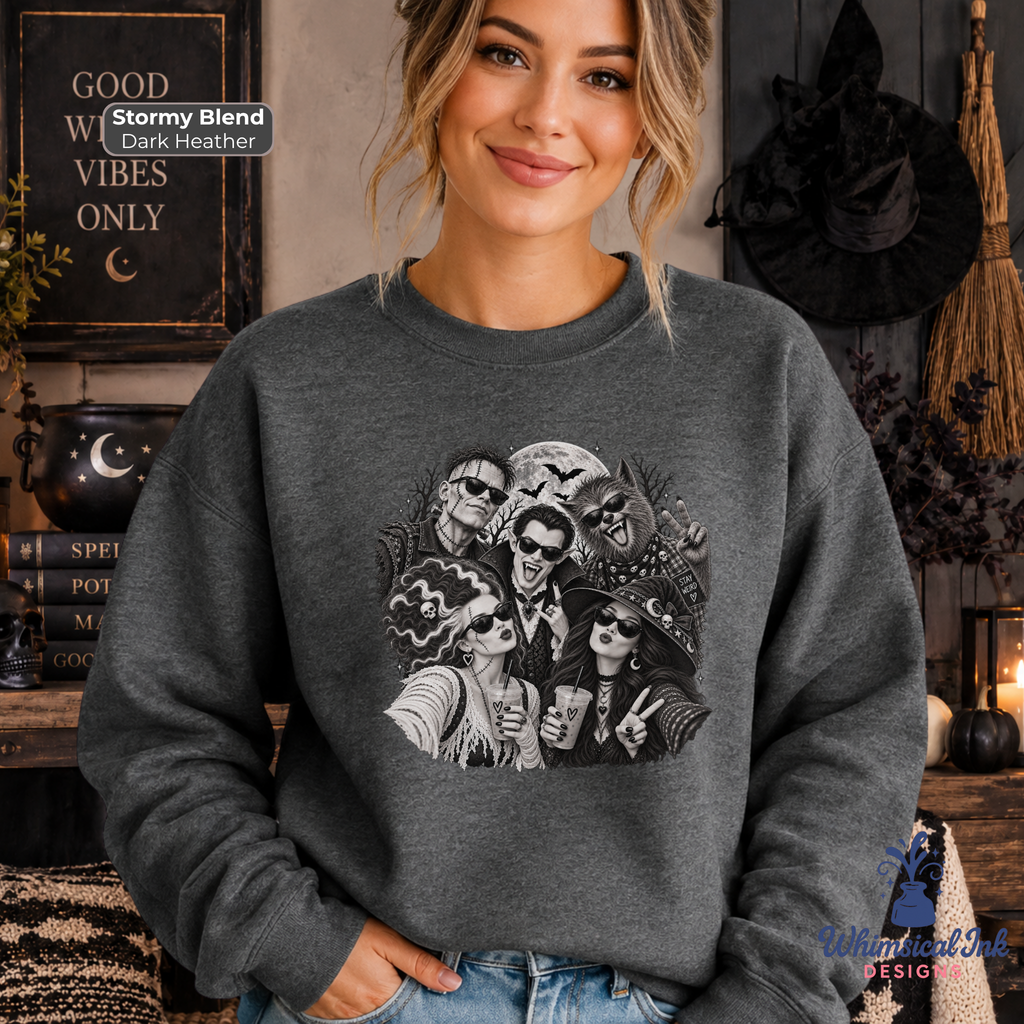 Spooky Squad Selfie | Halloween Graphic Crewneck Sweatshirt