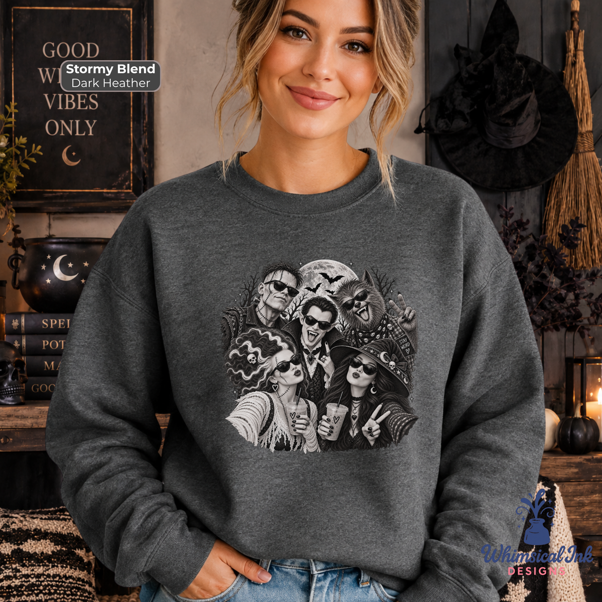 Spooky Squad Selfie | Halloween Graphic Crewneck Sweatshirt