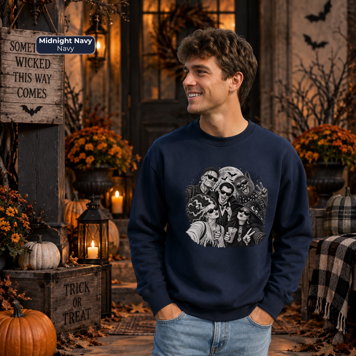Spooky Squad Selfie | Halloween Graphic Crewneck Sweatshirt