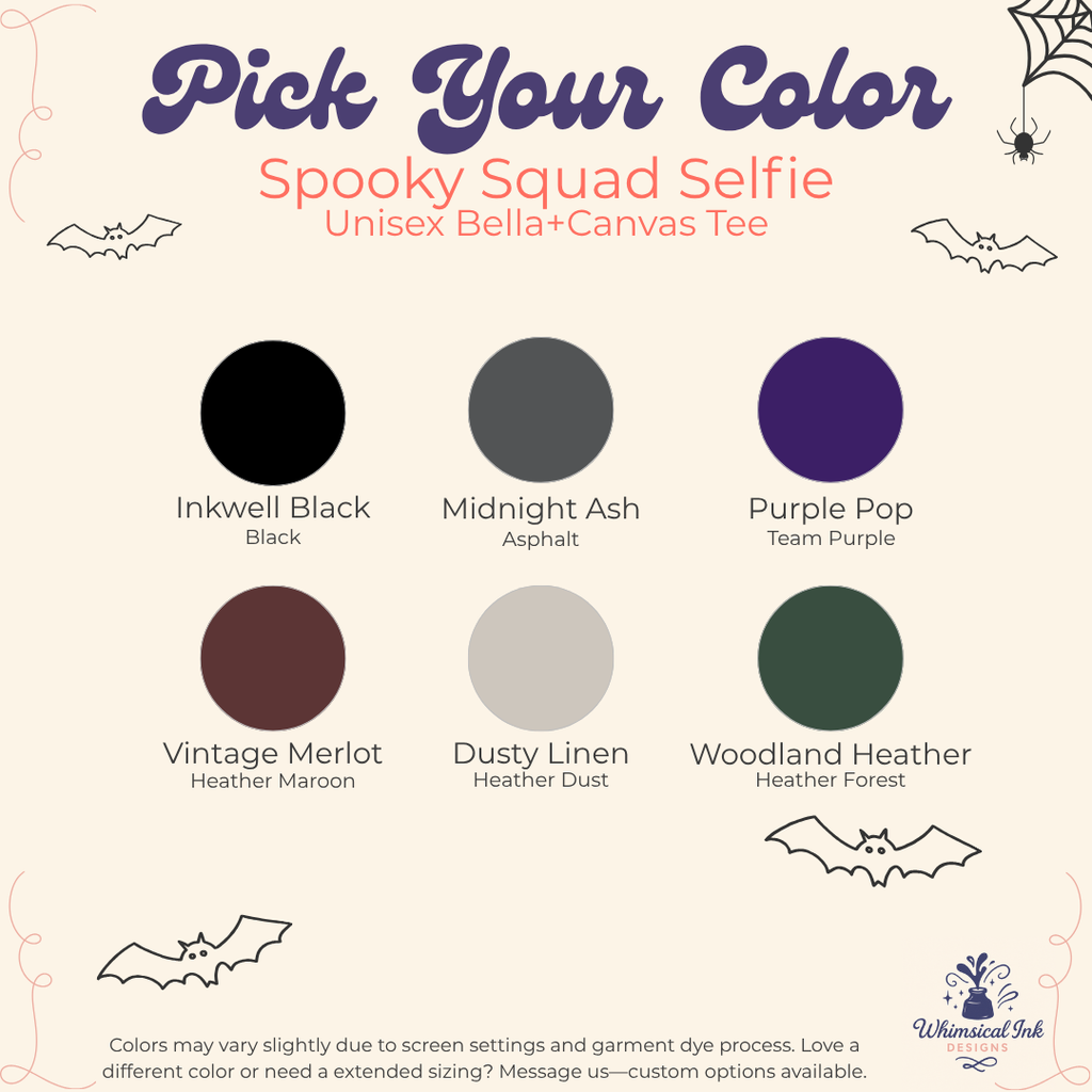 A color selection graphic for a Spooky Squad Selfie unisex Bella+Canvas tee. The graphic features six circular color swatches labeled Inkwell Black, Midnight Ash, Purple Pop, Vintage Merlot, Dusty Linen, and Woodland Heather, with corresponding text labels on a cream-colored background decorated with spooky line-art illustrations.