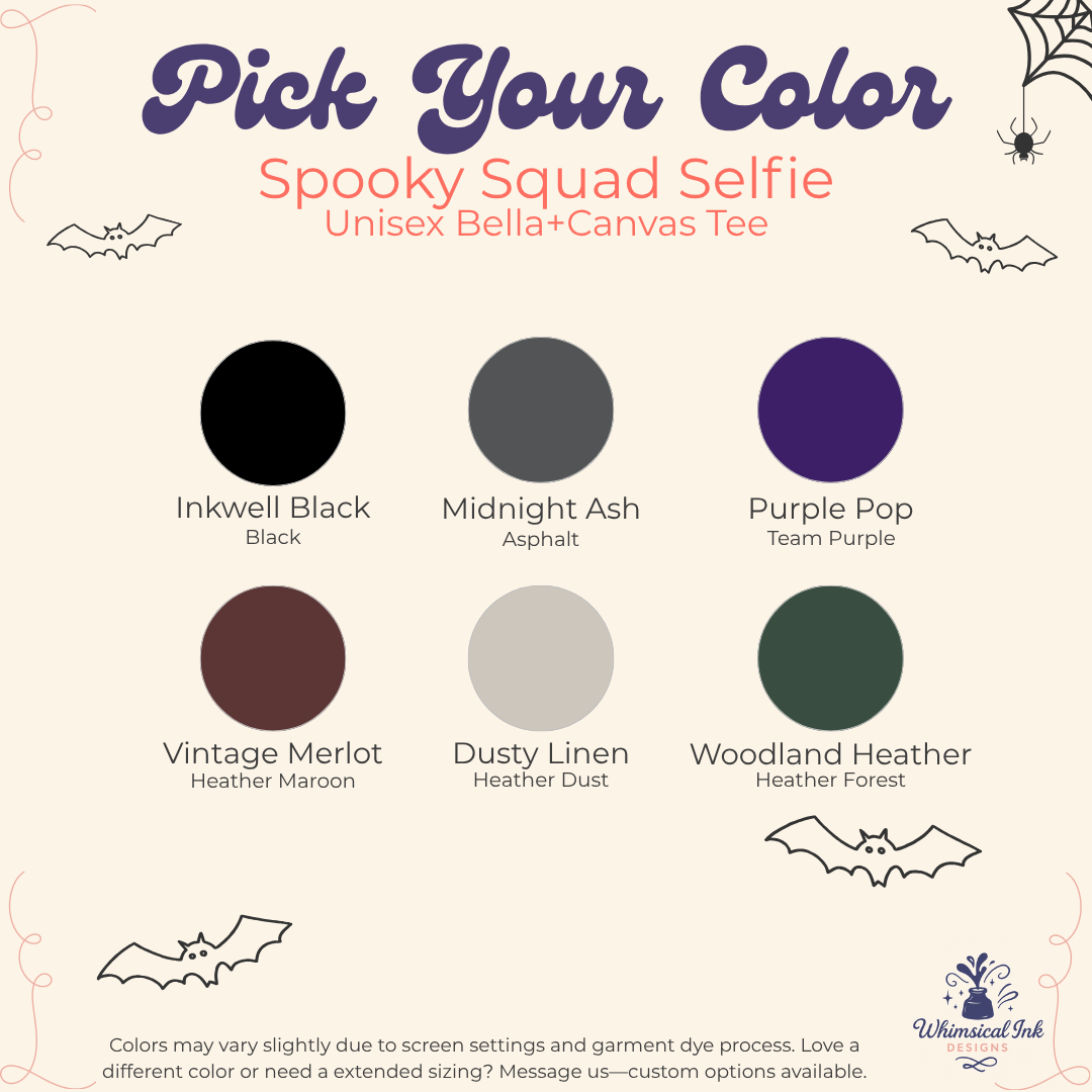 A color selection graphic for a Spooky Squad Selfie unisex Bella+Canvas tee. The graphic features six circular color swatches labeled Inkwell Black, Midnight Ash, Purple Pop, Vintage Merlot, Dusty Linen, and Woodland Heather, with corresponding text labels on a cream-colored background decorated with spooky line-art illustrations.