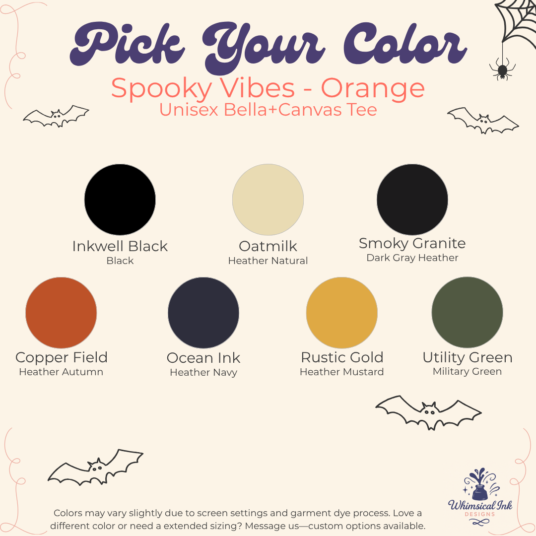 A color selection graphic for a Spooky Vibes unisex Bella+Canvas tee from Whimsical Ink. The graphic features a beige background with Halloween-themed illustrations like bats and a spider, with the main title 'Pick Your Color' in purple.