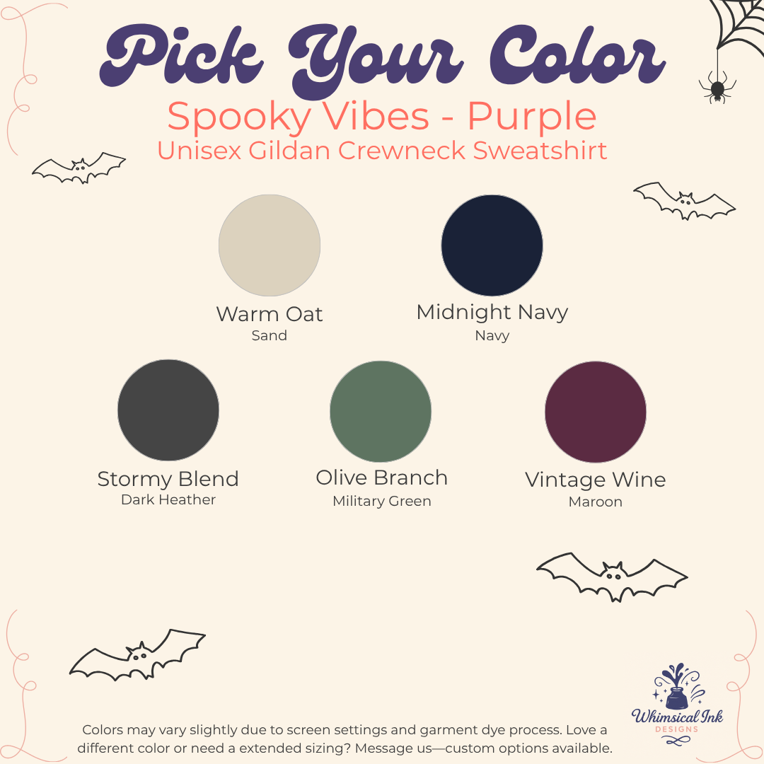 A color selection graphic for a unisex Gildan crewneck sweatshirt titled 'Pick Your Color' with 'Spooky Vibes - Purple' as the featured shade. The design shows six circular color swatches labeled Warm Oat Sand, Midnight Navy, Stormy Blend Dark Heather, Olive Branch Military Green, and Vintage Wine Maroon, on a cream background with bat illustrations and the Gildan brand mark.