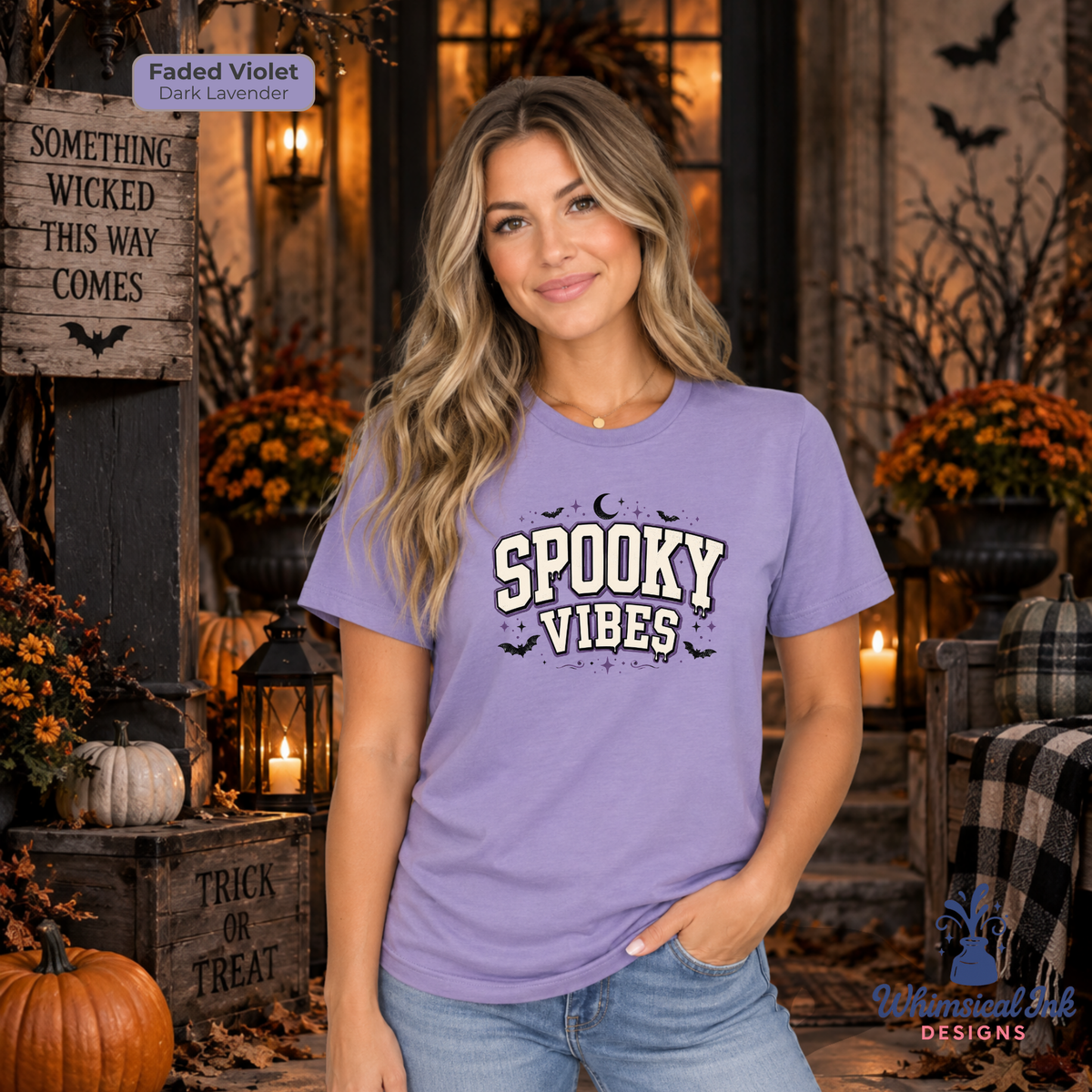 Spooky Vibes -Purple Halloween Graphic Tee | Retro Varsity Halloween Shirt