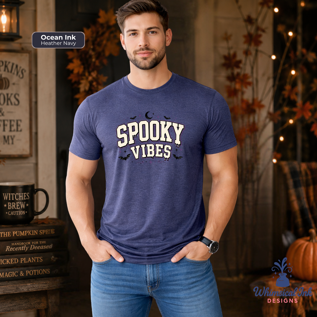 Spooky Vibes -Purple Halloween Graphic Tee | Retro Varsity Halloween Shirt