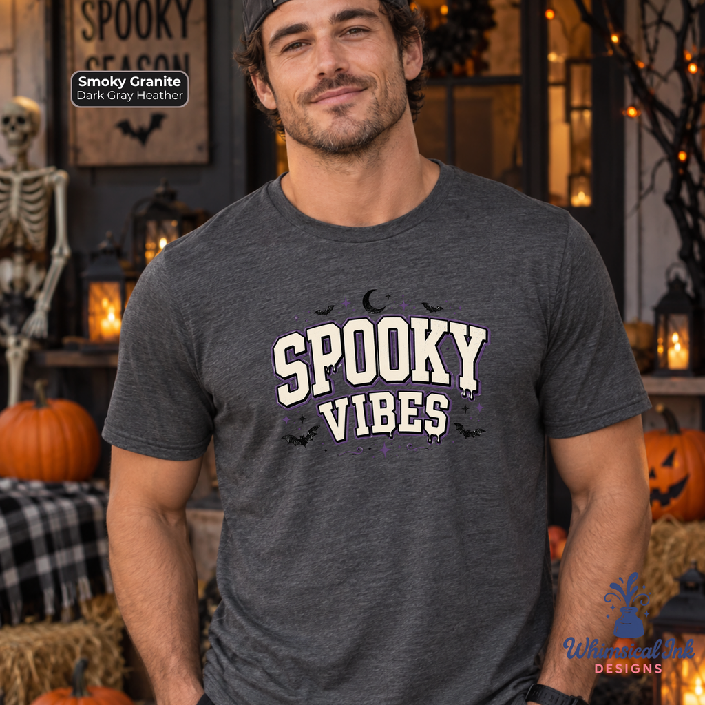 Spooky Vibes -Purple Halloween Graphic Tee | Retro Varsity Halloween Shirt