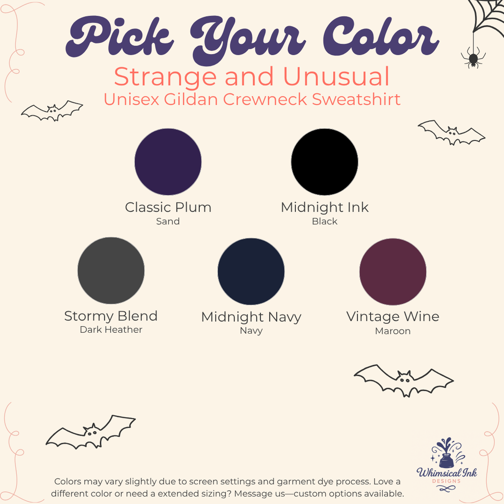 A color selection graphic for a unisex Gildan crewneck sweatshirt under the heading 'Pick Your Color: Strange and Unusual.' It shows six circular swatches labeled Classic Plum Sand, Midnight Ink Black, Stormy Blend Dark Heather, Midnight Navy Navy, and Vintage Wine Maroon, with bat illustrations and the Gildan logo at the bottom.
